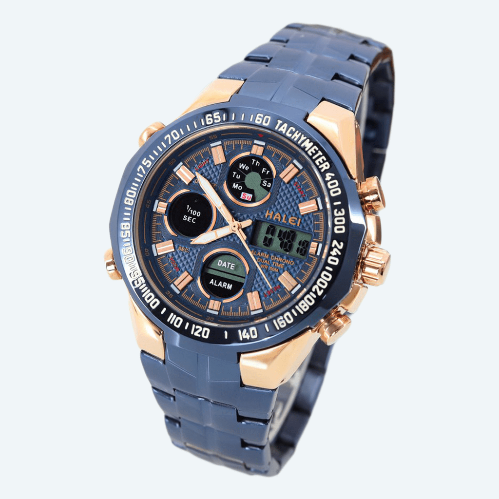 discount-pk blue-golden HALEI Watch Men's Watches, Men's Stainless Steel Chain, Latest, Waterproof, 1 Year Warranty - 1001 M Double Time Analog Digital Date Day Active